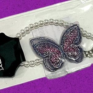 D-K GLITTER BUTTERFLY W/ RHINESTONES & FAUX PEARLS LAYERED CHAINS CHOKER